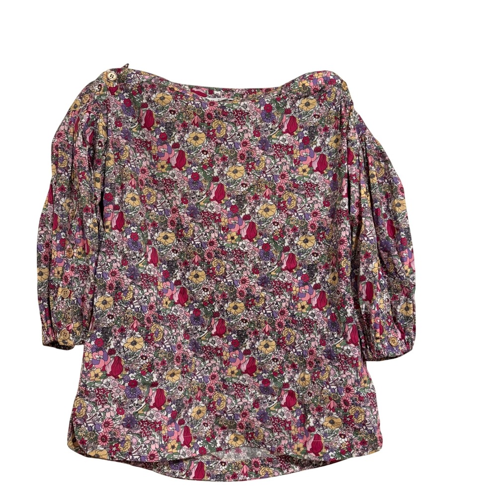 BURU Floral Cotton Boatneck Blouse with Button Sleeve Detail‎ XS